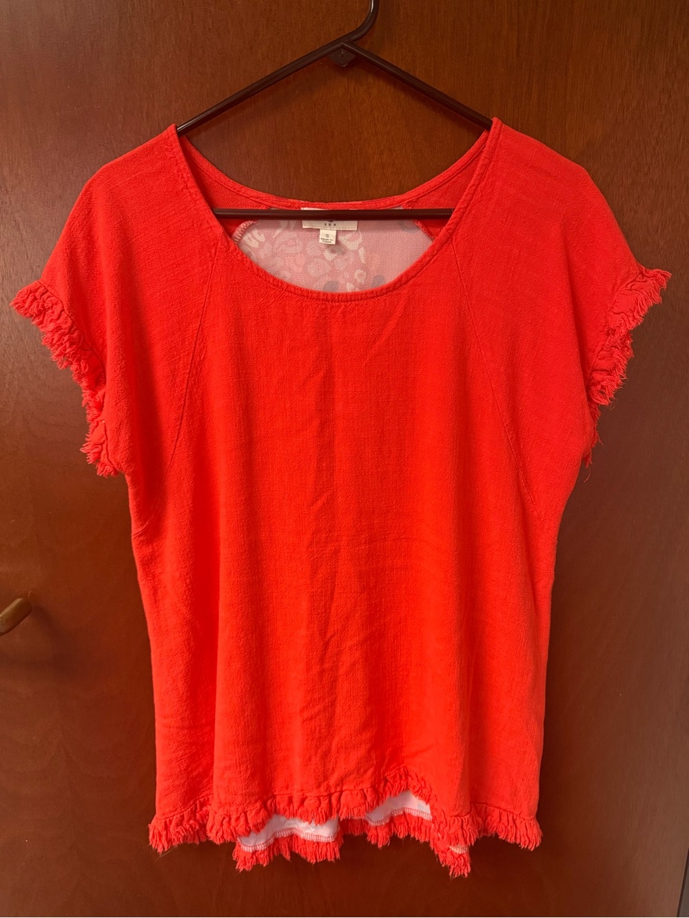 Umgee Red Short Sleeve Scoop Neck Top with Fringe Trim